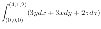 $\displaystyle{\int_{(0,0,0)}^{(4,1,2)}(3ydx + 3xdy + 2zdz)}$