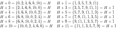 \begin{displaymath}\begin{array}{ll}
H + \bar{0} = \{\bar{0}, \bar{2}, \bar{4}, ...
...ar{3}, \bar{5}, \bar{7}, \bar{9}\} = H + \bar{1}\\
\end{array}\end{displaymath}