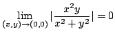 $\displaystyle \lim_{(x,y) \rightarrow (0,0)}\vert\frac{x^{2}y}{x^2 + y^2}\vert = 0 $