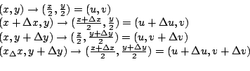 \begin{displaymath}\begin{array}{l}
(x,y) \to (\frac{x}{2},\frac{y}{2}) = (u,v)\...
...c{y + \Delta y}{2}) = (u + \Delta u, v + \Delta v)
\end{array} \end{displaymath}
