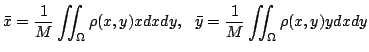 $\displaystyle \bar x = \frac{1}{M}\iint_{\Omega}\rho(x,y)xdxdy,   \bar y = \frac{1}{M}\iint_{\Omega}\rho(x,y)ydxdy $
