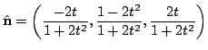 $ \displaystyle{\hat{{\bf n}} = \left(\frac{-2t}{1 + 2t^2},\frac{1 - 2t^2}{1 + 2t^2},\frac{2t}{1 + 2t^2}\right)}$