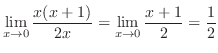 $\displaystyle{\lim_{x \to 0}\frac{x(x+1)}{2x} = \lim_{x \to 0}\frac{x+1}{2} = \frac{1}{2}}$