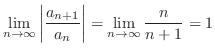 $\displaystyle{\lim_{n \to \infty}\left\vert\frac{a_{n+1}}{a_{n}}\right\vert = \lim_{n \to \infty}\frac{n}{n+1} = 1}$