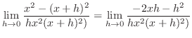$\displaystyle \lim_{h \to 0} \frac{x^{2} - (x+h)^{2}}{hx^{2}(x+h)^{2})} = \lim_{h \to 0}\frac{-2xh - h^{2}}{hx^{2}(x+h)^{2})}$