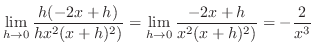 $\displaystyle \lim_{h \to 0}\frac{h(-2x + h)}{hx^{2}(x+h)^{2})} = \lim_{h \to 0}\frac{-2x + h}{x^{2}(x+h)^{2})} = -\frac{2}{x^{3}}$
