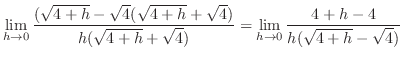 $\displaystyle \lim_{h \to 0}\frac{(\sqrt{4+h} - \sqrt{4}(\sqrt{4+h} + \sqrt{4})}{h(\sqrt{4+h} + \sqrt{4})} = \lim_{h \to 0}\frac{4+h-4}{h(\sqrt{4+h} - \sqrt{4})}$