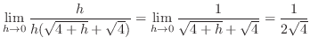 $\displaystyle \lim_{h \to 0}\frac{h}{h(\sqrt{4+h}+\sqrt{4})} = \lim_{h \to 0}\frac{1}{\sqrt{4+h} + \sqrt{4}} = \frac{1}{2\sqrt{4}}$