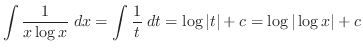 $\displaystyle{\int \frac{1}{x\log{x}} \; dx = \int \frac{1}{t} \;dt = \log{\vert t\vert} + c = \log{\vert\log{x}\vert} + c}$