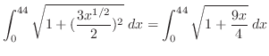 $\displaystyle \int_{0}^{44}\sqrt{1 + (\frac{3x^{1/2}}{2})^2}\; dx = \int_{0}^{44}\sqrt{1 + \frac{9x}{4}}\;dx$