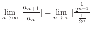 $\displaystyle \lim_{n \to \infty}\vert\frac{a_{n+1}}{a_{n}}\vert = \lim_{n \to \infty}\vert\frac{\frac{1}{2^{n+1}}}{\frac{1}{2^{n}}}\vert$