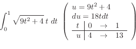 \begin{displaymath}\int_{0}^{1}\sqrt{9t^2 + 4}\; t\;dt \left(\begin{array}{l}
u...
...& 1\ \hline
u & 4 & \to & 13
\end{array}\\
\end{array}\right)\end{displaymath}