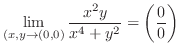 $\displaystyle{\lim_{(x,y \to (0,0)}\frac{x^{2}y}{x^{4} + y^{2}} = \left(\frac{0}{0}\right)}$