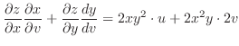 $\displaystyle \frac{\partial z}{\partial x}\frac{\partial x}{\partial v} + \frac{\partial z}{\partial y}\frac{dy}{dv} = 2xy^{2}\cdot u + 2x^{2}y \cdot 2v$