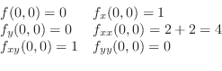 \begin{displaymath}\begin{array}{ll}
f(0,0) = 0 & f_{x}(0,0) = 1\\
f_{y}(0,0) =...
...0,0) = 2+2 = 4\\
f_{xy}(0,0) = 1 & f_{yy}(0,0) = 0
\end{array}\end{displaymath}