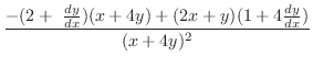 $\displaystyle \frac{-(2 +  \frac{dy}{dx})(x+4y) + (2x+y)(1 + 4\frac{dy}{dx})}{(x+4y)^{2}}$