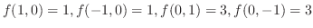 $\displaystyle f(1,0) = 1, f(-1,0) = 1, f(0,1) = 3, f(0,-1) = 3$