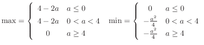 $\displaystyle{\max = \left\{\begin{array}{cl}
4-2a & a \leq 0\\
4-2a & 0 < a...
... -\frac{a^2}{4} & 0 < a < 4\\
-\frac{a^2}{4} & a \geq 4
\end{array} \right.}$