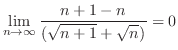 $\displaystyle \lim_{n \to \infty}\frac{n+1 - n}{(\sqrt{n+1} + \sqrt{n})} = 0$