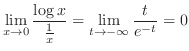 $\displaystyle{\lim_{x \to 0} \frac{\log{x}}{\frac{1}{x}} = \lim_{t \to - \infty} \frac{t}{e^{-t}} = 0}$