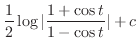 $\displaystyle \frac{1}{2}\log\vert\frac{1+\cos{t}}{1 - \cos{t}}\vert + c$
