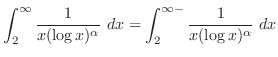 $\displaystyle \int_{2}^{\infty}\frac{1}{x(\log{x})^{\alpha}} dx = \int_{2}^{\infty-}\frac{1}{x(\log{x})^{\alpha}} dx$