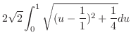 $\displaystyle 2\sqrt{2}\int_{0}^{1}\sqrt{(u - \frac{1}{1})^2 + \frac{1}{4}}du$