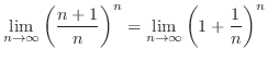 $\displaystyle \lim_{n \to \infty}\left(\frac{n+1}{n}\right)^{n} = \lim_{n \to \infty}\left(1 + \frac{1}{n}\right)^{n}$
