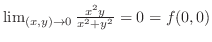 $\lim_{(x,y) \to 0}\frac{x^2 y}{x^2 + y^2} = 0 = f(0,0)$
