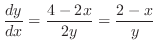 $\displaystyle \frac{dy}{dx} = \frac{4-2x}{2y} = \frac{2-x}{y}$