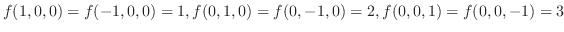 $\displaystyle f(1,0,0) = f(-1,0,0) = 1, f(0,1,0) = f(0,-1,0) = 2, f(0,0,1) = f(0,0,-1) = 3$