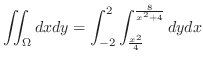 $\displaystyle \iint_{\Omega}dx dy = \int_{-2}^{2}\int_{\frac{x^2}{4}}^{\frac{8}{x^2 + 4}} dy dx$