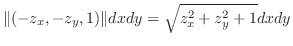 $\displaystyle \Vert(-z_{x},-z_{y},1)\Vert dx dy = \sqrt{z_{x}^2 + z_{y}^2 + 1} dx dy$