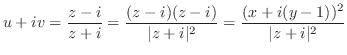 $\displaystyle u + iv = \frac{z - i}{z + i} = \frac{(z-i)(z-i)}{\vert z + i\vert^2} = \frac{(x + i(y-1))^2}{\vert z+i\vert^2} $