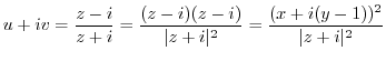 $\displaystyle u + iv = \frac{z - i}{z + i} = \frac{(z-i)(z-i)}{\vert z + i\vert^2} = \frac{(x + i(y-1))^2}{\vert z+i\vert^2} $