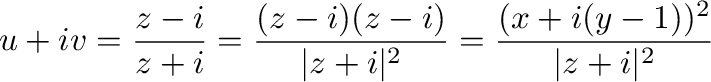 $\displaystyle u + iv = \frac{z - i}{z + i} = \frac{(z-i)(z-i)}{\vert z + i\vert^2} = \frac{(x + i(y-1))^2}{\vert z+i\vert^2} $