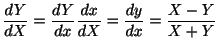 $\displaystyle \frac{dY}{dX} = \frac{dY}{dx}\frac{dx}{dX} = \frac{dy}{dx} = \frac{X - Y}{X + Y} $