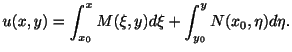 $\displaystyle u(x,y) = \int_{x_{0}}^{x}M(\xi,y)d\xi + \int_{y_{0}}^{y}N(x_{0},\eta)d\eta . $