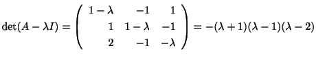 $\displaystyle \det(A - \lambda I) = \left(\begin{array}{rrr}
1-\lambda&-1&1\\
...
...\\
2&-1&-\lambda
\end{array}\right) = -(\lambda + 1)(\lambda - 1)(\lambda - 2)$