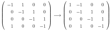 $\displaystyle \left(\begin{array}{rrrr}
-1&1&0&0\\
0&-1&1&0\\
0&0&-1&1\\
1&0...
...in{array}{rrrr}
1&-1&0&0\\
0&-1&1&0\\
0&0&-1&1\\
0&1&0&-1
\end{array}\right)$