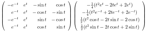 $\displaystyle \left(\begin{array}{rrrr}
-e^{-t}&e^{t}&-\sin{t}&\cos{t}\\
e^{-t...
...\cos{t})\\
\frac{1}{2}(t^2 \sin{t} - 2t \cos{t} + 2\sin{t})
\end{array}\right)$