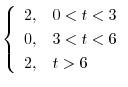 $\displaystyle{ \left\{\begin{array}{rl}
2,&0 < t < 3\\
0,&3 < t < 6\\
2,&t > 6
\end{array} \right.}$