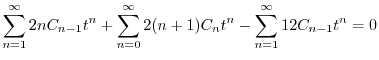$\displaystyle \sum_{n=1}^{\infty}2nC_{n-1}t^{n} + \sum_{n=0}^{\infty}2(n+1)C_{n}t^{n}
- \sum_{n=1}^{\infty}12C_{n-1}t^{n} = 0$