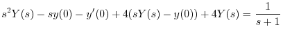 $\displaystyle s^{2}Y(s) - sy(0) - y^{\prime}(0) + 4(sY(s) - y(0)) + 4Y(s) = \frac{1}{s+1} $