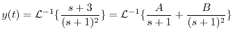 $\displaystyle y(t) = {\cal L}^{-1}\{\frac{s+3}{(s+1)^2}\} = {\cal L}^{-1}\{\frac{A}{s+1} + \frac{B}{(s+1)^2}\} $