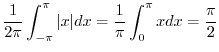 $\displaystyle \frac{1}{2\pi}\int_{-\pi}^{\pi}\vert x\vert dx = \frac{1}{\pi}\int_{0}^{\pi}x dx = \frac{\pi}{2}$