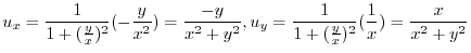$\displaystyle u_{x} = \frac{1}{1 + (\frac{y}{x})^2}(-\frac{y}{x^2}) = \frac{-y}...
...y^2}, u_{y} = \frac{1}{1 + (\frac{y}{x})^2}(\frac{1}{x}) = \frac{x}{x^2 + y^2} $