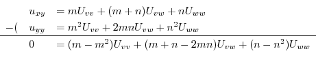\begin{displaymath}\begin{array}{lll}
&u_{xy} &= mU_{vv} + (m+n)U_{vw} + nU_{ww}...
... - m^2)U_{vv} +(m+n - 2mn)U_{vw} + (n - n^2)U_{ww}
\end{array}\end{displaymath}
