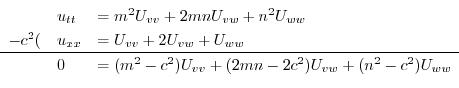 \begin{displaymath}\begin{array}{lll}
&u_{tt} &= m^2 U_{vv} +2mnU_{vw} + n^2 U_{...
...U_{vv} + (2mn - 2c^2 ) U_{vw} + (n^2 - c^2 )U_{ww}
\end{array}\end{displaymath}