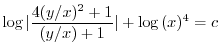 $\displaystyle \log{\vert\frac{4(y/x)^2 +1}{(y/x) + 1}\vert} + \log{(x)^{4}} = c $